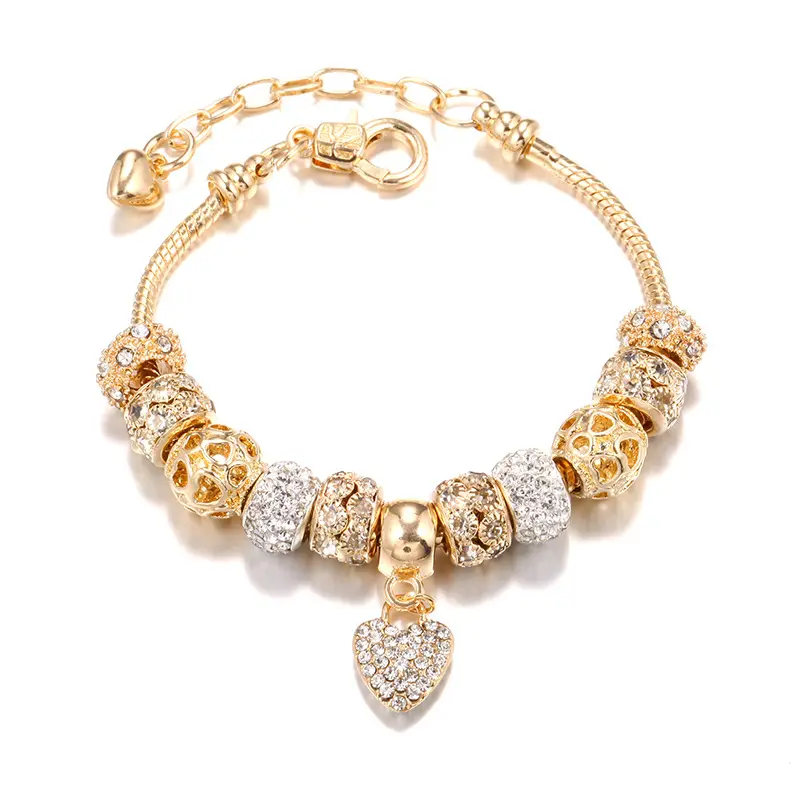 Customized DIY Alloy Heart Large Hole Beads Bracelet Gold European Beads String Rhinestone CZ Bangle Jewelry Wholesale