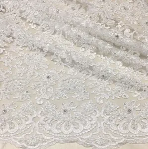 Tela de boda blanca de lujo, alta calidad, bordado a mano pesado, para vestidos