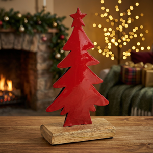 Red Metal Wood Christmas <b>Tree</b> <b>Ornament</b> Tabletop Holiday Decoration with Wooden Base - Product Image 2