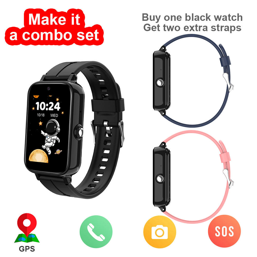 Montre noire avec bracelets supplémentaires.