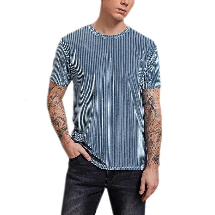 O neck 100% polyester knit velvet street fashion tee plain summer tops man striped casual urban t-shirts