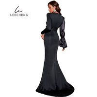 Robe arabe formelle super longue avec queue de poisson asymétrique courte couleur satin épissage butyle à manches longues et beauté de balayage au sol