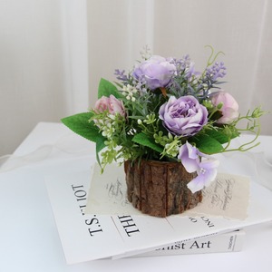 Retro Wooden Art Oil Painting Peony Bark Pot Artificial Mini Bonsai Set Home Decor Craft <b>Ornament</b> - Product Image 4