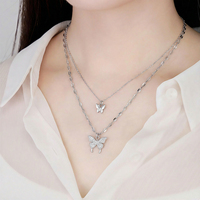 Collier en acier inoxydable plaqué argent 925, style français, pendentif papillon double couche, zircone étincelante, chaîne fine