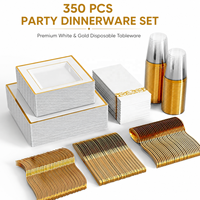 Service de vaisselle jetable à bord doré pour 50 invités, 350 pièces, assiettes carrées en plastique robustes, couverts, gobelets, serviettes pour mariage et fête