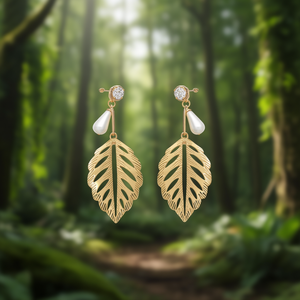 Fashion Drop Earrings <b>Gold</b> Plated Leaf Design With Pearl Studs For Women Jewelry - Product Image 3