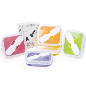 Silicone Lunch Silicone Bento Lunch Box 1Compartment Reusable Leak Proof Bento Food Folding Silicone Storage Containers Collapsible Lunch Boxes With Fork