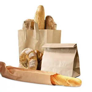 Kraft Paper Bread Bags Custom Logo Printed Reusable Baguette Bakery Paper Satchel Packaging Food Bag