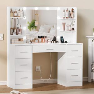 Tocador Estilo <span class=keywords><strong>Hollywood</strong></span> con Espejo LED de 10 Bombillas, 7 Cajones y Estantes Abiertos para Maquillaje en el Dormitorio - Product Image 2