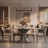 Ensemble de table à manger en pierre frittée italienne grise, luxe moderne, acier inoxydable doré, réglable, 6 places, rectangulaire, appartement