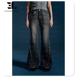 Larsur tùy chỉnh nhà máy phụ nữ đau khổ rửa bùng jeans Y2K eo cao đẩy lên ren lên cạnh thô bootcut bùng denim quần phụ nữ - Product Image 2