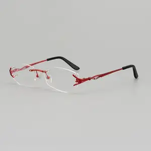 Saf titanyum gözlük çerçeve kadın çerçevesiz elmas titanyum gözlük poligon titanyum kırmızı gözlük