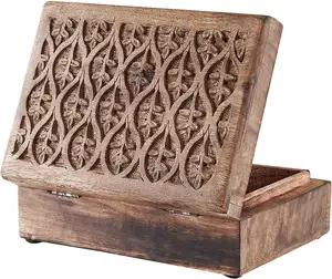 Caja decorativa de madera del Tesoro con caja de baratija DE ARTE grabada con hojas Mini cofre de almacenamiento para joyero