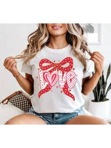 T-shirt Oquette Love da donna a maniche corte, girocollo, vestibilità ampia casual, in jersey stampato per San Valentino con fiocco - Product Image 3