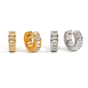 Diamond <b>Earrings</b> 18K Gold Stainless Steel Baguette Cut 15mm Unisex Everyday Wear - Product Image 5