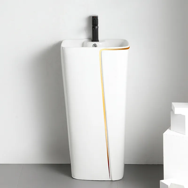 Modern Lavatory Square Pillar Gold Line White Ceramic Bathroom Sink One-Piece Wash Hand Pedestal Basin