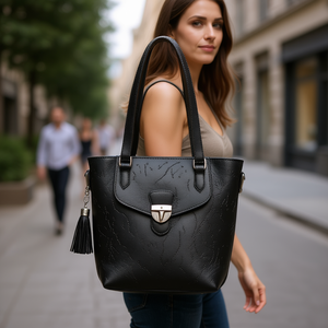 Sac à main Fana Penelope en cuir véritable noir, deux sangles, fermeture à rabat, grande capacité, sac décontracté pour femmes - Product Image 2