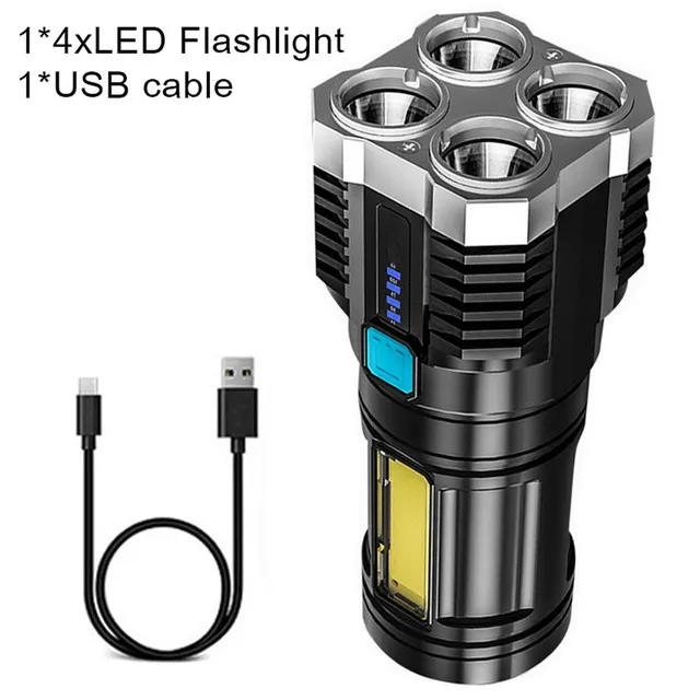 Hot Sale 4 Core lanterna LED recarregável com COB luz de longo alcance Spotlight bateria Display LED para exterior