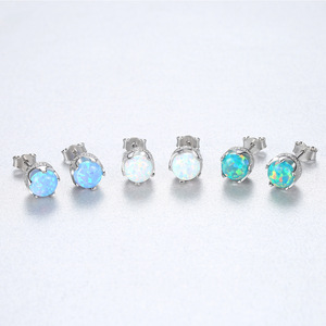 Minimalist S925 Silver Stud <b>Earrings</b> With Blue <b>Opal</b> Stone Claw Setting Classic Women's Jewelry Everyday Wear - Product Image 4