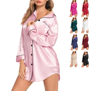 Wholesale Custom Long Sleeve Silk Satin Bamboo Cotton Sleepwear Nightshirt Button Down Modal Nightgown Pajamas Shirt For Women