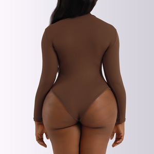 Col haut Jersey <span class=keywords><strong>string</strong></span> body femmes sans couture côtelé à manches longues <span class=keywords><strong>pull</strong></span> ventre contrôle hauts Corset combinaison sous-vêtements - Product Image 4