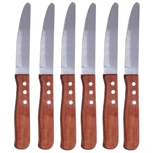 6件不锈钢圆形锯齿5英寸刀片牛排刀，带木质手柄
