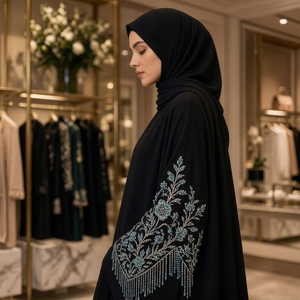 Black Embroidered Floor Length Straight Hem Open <b>Abaya</b> Long Sleeve Modest Women Loose Fit Muslim Robe for Eid <b>Wedding</b> Daily Wear - Product Image 1
