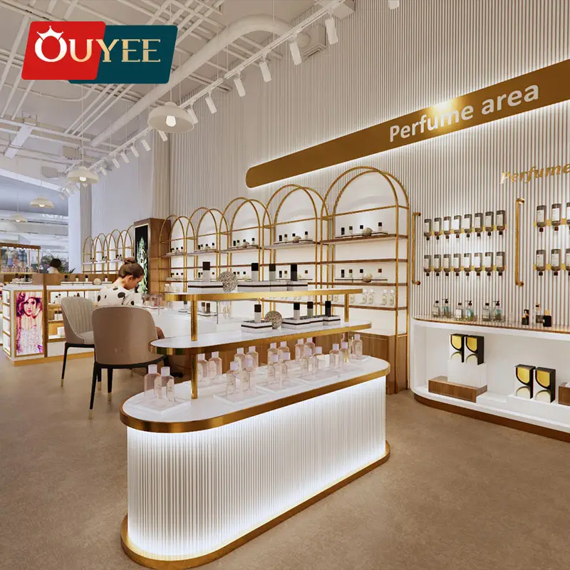 Ouyee Perfume Display Counter Modern Cosmetic Shop Decoration Factory Display Stand Glass Perfume Display Cabinet With Lighting