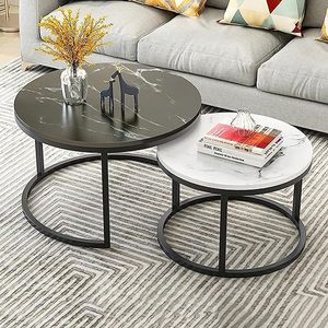 Modern Luxury <b>White</b> Marble Coffee Accent <b>Table</b> <b>Round</b> New Living Room Set With Iron Black Adjustable Wooden Material - Product Image 6