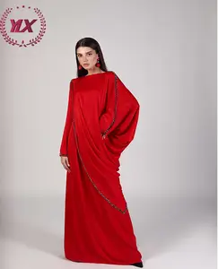 明亮美丽优雅的大红色微珍珠点缀穆斯林长袍纯色奢华阿巴亚女性穆斯林连衣裙