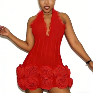 Robe mini corset florale à ourlet rose pour femme - Robe moulante à col halter avec dentelle pour femme - Mode féminine - Product Image 3