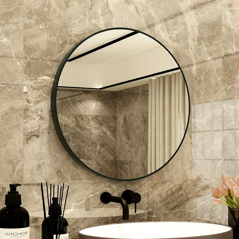 Cermin kamar mandi bulat bingkai aluminium kualitas tinggi dengan kaca HD cermin dinding berlubang yang dapat disesuaikan untuk penggunaan ringan Hotel
