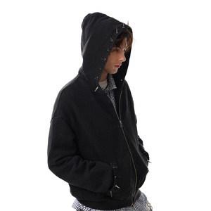Sudadera de hombre OEM&ODM personalizada con diamantes, de peso pesado, estilo retro, para invierno, con cordón, unisex, oversize, lavado ácido, con <span class=keywords><strong>letras</strong></span> y pedrería - Product Image 2
