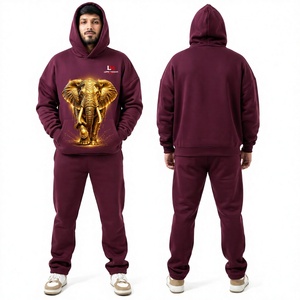 Chándal con Capucha Color Granate para Hombre, Estampado de Elefante Dorado, Informal, Manga Larga, Transpirable, 100% Algodón, Ropa de Invierno, Bolsillos, Color Sólido - Product Image 6