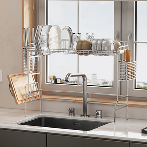 Kitchen Countertop <b>Dish</b> Drain Storage Rack 304 Stainless Steel Rust-Proof Cutlery Organizer Double Includes Chopstick Basket - Product Image 2