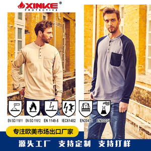 Camisa de trabajo ignífuga Xinke de manga larga con cuello Henley, ropa de seguridad para uso industrial, material y peso personalizables - Product Image 2