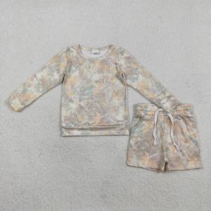 ขายส่งชุดเซ็ตเสื้อผ้าเด็กผู้หญิงลายพรางต้นไม้สีพาสเทล เสื้อแขนยาวพิมพ์ลายพรางพร้อมกางเกงขาสั้นมีเชือกผูก เด็กๆ ใส่สบายๆ ในฤดูร้อน - Product Image 1