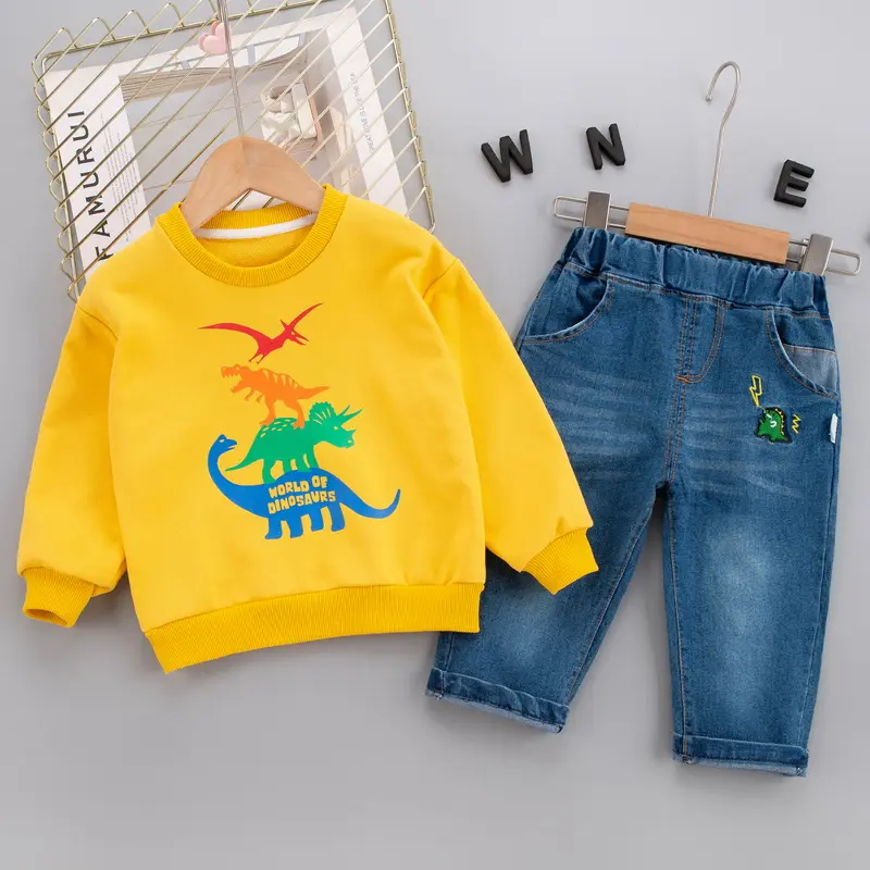 2022 kids clothing sets 1-4 years little boy hoodie and denim pants Hippo floret lettered pattern Cute Autumn winter suit