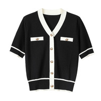 Pull femme personnalisé Vintage à manches courtes col en V pull en coton respirant côtelé bouton cardigan tricots hauts pour l'été