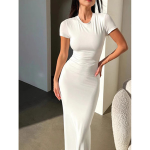 Abito lungo casual da donna in tinta unita, abito <span class=keywords><strong>aderente</strong></span> con scollo rotondo e maniche corte per la primavera estate - Product Image 4