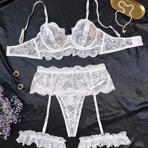 New Hot Selling Sexy Lingerie Fun Lingerie High-end French Lace <b>Perspective</b> Comfortable Embroidery Sexy Set of Three Pieces - Product Image 1