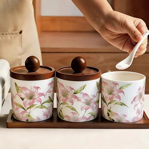 <span class=keywords><strong>Set</strong></span> di Barattoli per Condimenti in Ceramica Vintage con Motivi Floreali e Foglie, con Vassoio in Legno di Bambù, Contenitori per Spezie per Casa e Ristorante - Product Image 2