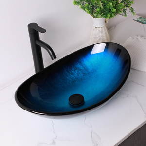 Évier vasque en verre bleu avec robinet cascade et évier <span class=keywords><strong>de</strong></span> salle <span class=keywords><strong>de</strong></span> bain ovale à drain escamotable, évier en verre trempé en forme <span class=keywords><strong>de</strong></span> <span class=keywords><strong>bateau</strong></span> artistique - Product Image 3