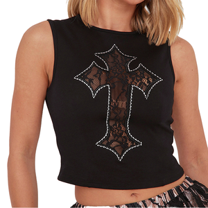 Custom Peeqi 180g Floral Crop <b>Top</b> Women Lace Patchwork Embroidery Rhinestone Tank <b>Top</b> Summer Sexy Hollow Out <b>Sleeveless</b> <b>Top</b> - Product Image 1