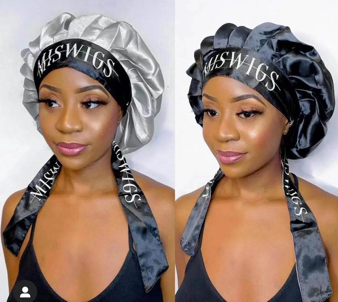 women large braid satin hair bonnets silk bonnet with tie edge band adjustable night sleep shower cap