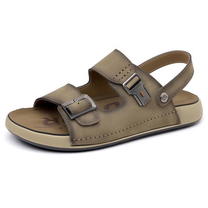 Sandales pour hommes en cuir véritable, à double usage, avec boucle réglable, bout ouvert, chaussures de plage décontractées, antidérapantes - Product Image 3