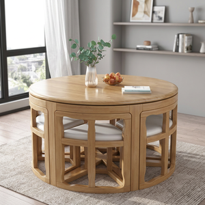 Ensemble de table à manger ronde en bois minimaliste et innovant, gain de place, avec chaises rétractables pour les petits appartements - Product Image 3