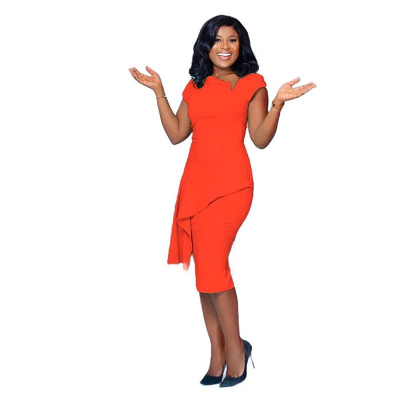 Manufacturer direct sale Screw collar short sleeves slim fit Ruffles ladies office Career asymmetrical Dress