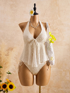 Ensemble Tankini 2 Pièces Femme Halter Jacquard Texturé avec Haut Volanté Fluide et Bas de Bikini à Nouer sur les Côtés, Maillot de Bain de Plage - Product Image 3