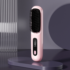 0728 Cordless 3000mah Portable Rechargeable Fast <b>Heated</b> Hair Brush Mini Straightener Hot Comb Display - Product Image 1